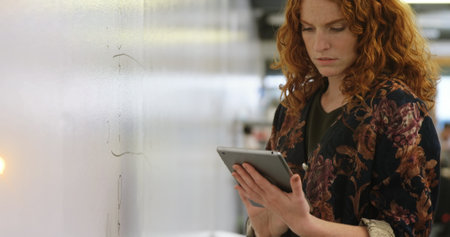 Image of digital interface data recording on screen with woman using digital tablet. Global digital...