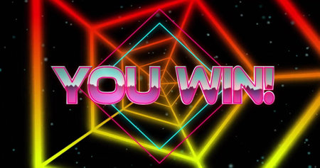 Image of you win text and shapes on black background. Gaming, technology and social media concept,...