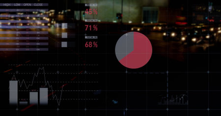 Image of statistics processing over cityscape. business, data processing, connection, technology and digital interface concept digitally generated image.の写真素材