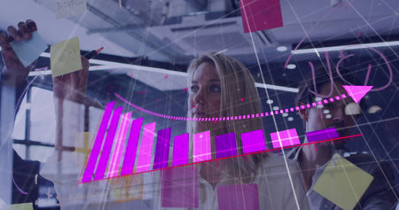 Image of financial data processing over caucasian businsswoman in office. Global business, finances,...