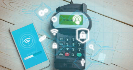 Image of wi fi icons over smartphone and payment terminal. global data security and contactless...