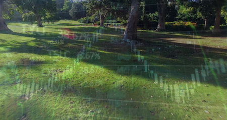 Image of financial data processing over park. Global finances, computing and digital interface concept digitally generated image.の写真素材