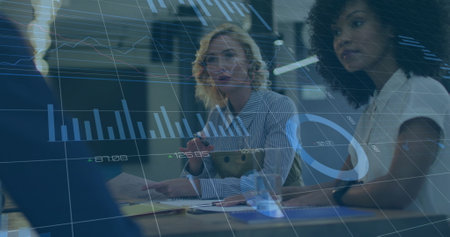 Image of financial data processing over diverse business people in office. Global finance, business,...