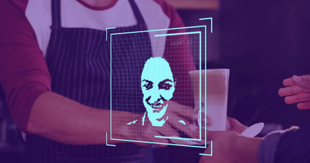 Image of data processing with people portraits over biracial man serving coffee. Global finances, retail and digital interface concept digitally generated image.の写真素材