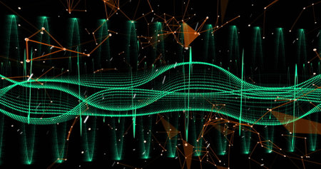 Image of red pattern over rotating dna strand and data processing on black background. Global business finances data processing and technology concept digitally generated image.の写真素材
