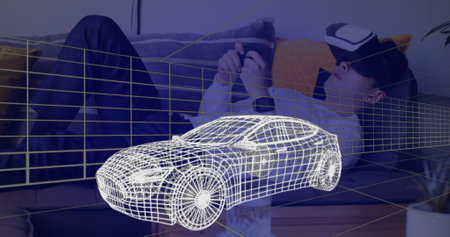 Image of 3d technical drawing of a car in white, with moving grid and a young man using game controller and VR headset in the background 4kの写真素材