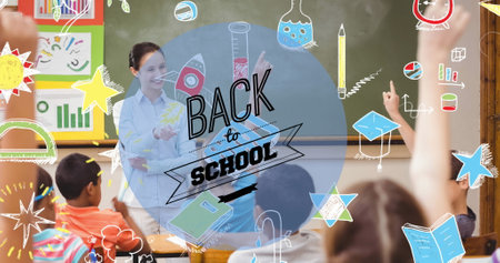 Image of back to school text over school items icons and class. education, development and learning concept digitally generated image.の写真素材