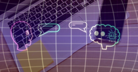 Image of ai data processing and icons over laptop and smartphone. Global artificial intelligence, business, finances, computing and data processing concept digitally generated image.の写真素材