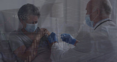 Image of data processing over caucasian male doctor with face mask vaccinating. global medicine and...