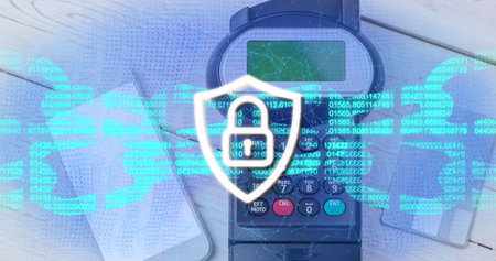 Image of block chain and security padlock on shield over payment terminal. global data security and...