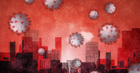 Image of covid 19 cells floating over cityscape on red background. global coronavirus covid 19 pandemic concept digitally generated image.の写真素材