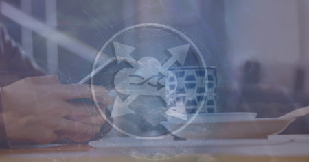 Image of network of connections with icons over man using smartphone. Global data processing, networks, connections, finance and business concept digitally generated image.の写真素材