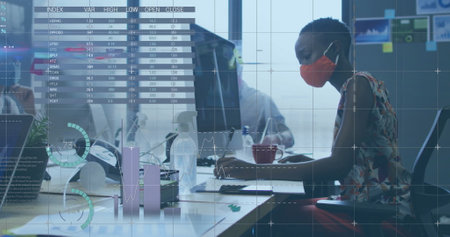 Image of financial data processing over african american woman in face mask in office. Global...