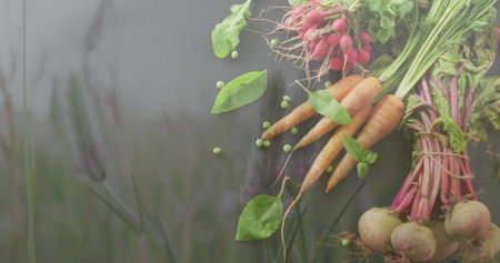 Image of table of vegetable over grass. World vegan day, nutrition, diet concept digitally generated image.の写真素材