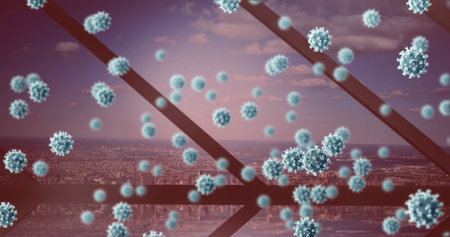 Image of covid 19 cells floating over cityscape seen through window in background. global coronavirus covid 19 pandemic concept digitally generated image.の写真素材