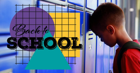 Image of back to school text over sad schoolboy. education, development and learning concept...