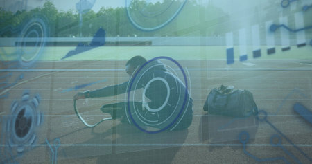 Image of data processing over disabled african american male runner. Global sport and digital interface concept digitally generated image.の写真素材