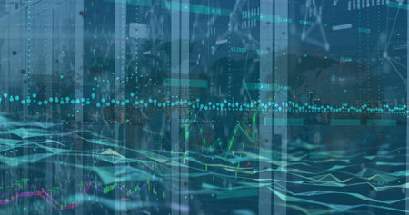 Image of waves and graphs over servers. Network, connections, data processing and technology concept...
