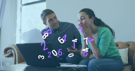 Image of numbers changing over caucasian couple using laptop. Global social media, business, finance...