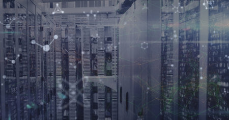 Image of molecules floating over servers. Network, connections, communication, data processing and...