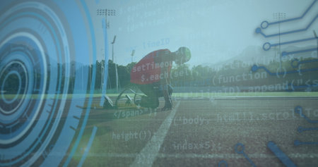 Image of data processing over disabled african american male runner. Global sport and digital...