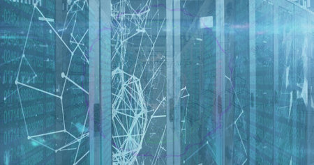 Image of shapes, connections and lights over servers. Network, connections, data processing and...