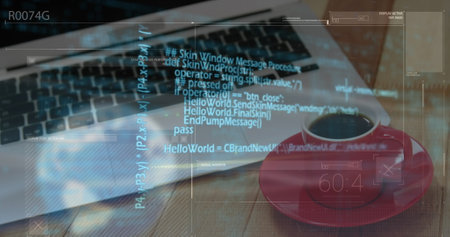 Image of financial data processing over laptop. Global computing, business, finance and data processing concept digitally generated image.の写真素材