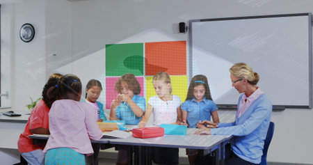 Image of data processing and padlock over caucasian female teacher with diverse schoolchildren....