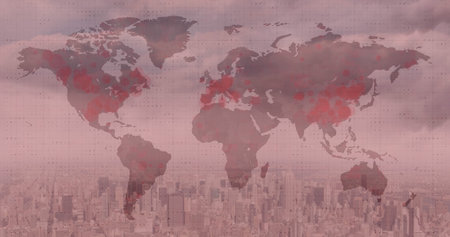 Image of world map with red covid 19 pandemic points over cityscape on red background. global coronavirus covid 19 pandemic concept digitally generated image.の写真素材