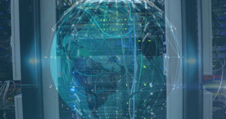 Image of globe and connections over servers. Network, connections, data processing and technology...