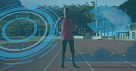 Image of data processing over disabled african american male runner. Global sport and digital interface concept digitally generated image.の写真素材