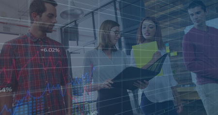 Image of financial data processing over diverse business people in office. global business, finances...