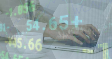 Image of financial data processing over man using laptop. Global computing, business, finance and...