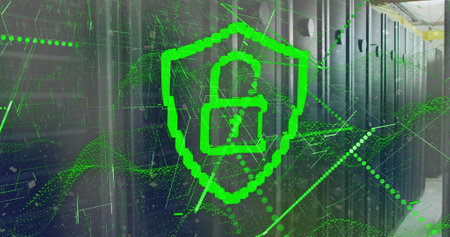 Image of online security padlock and data processing over computer servers. Global business, computing, data processing and connections concept digitally generated image.の写真素材