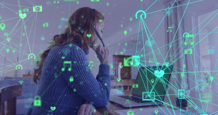 Image of networks with globe over caucasian businesswoman working from home. Global business,...
