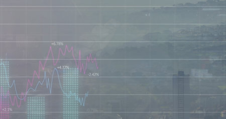 Image of financial graphs and data over cityscape. Global finance, economy and business concept digitally generated image.の写真素材