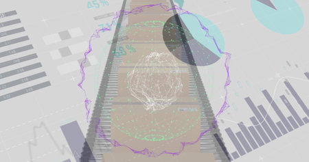 Image of globe spinning over statistics processing and cardboard boxes on conveyor belt. Global...