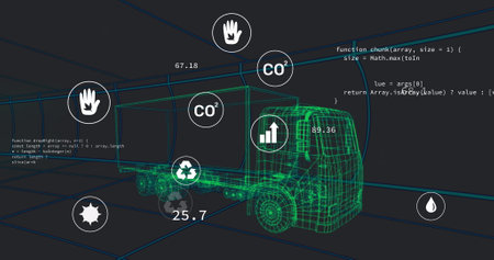 Image of multiple digital icons over 3d truck model moving in seamless pattern in a tunnel....