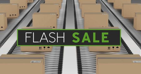 Image of flash sale text over cardboard boxes on conveyor belts. Global retail, savings, shipping...