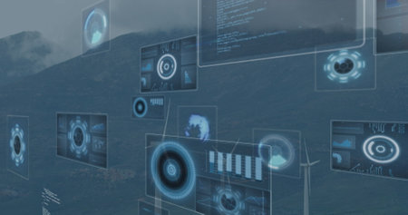 Image of data processing with scope scanning over wind turbines. Global connections, computing and digital interface concept digitally generated image.の写真素材