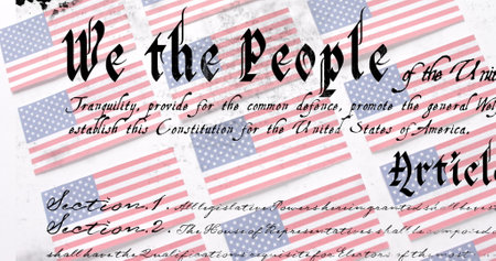 Image of constitution text over flags of united states of america on white background. American...