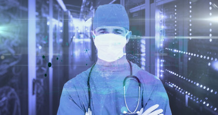 Image of handwritten mathematical equations, data and light moving over portrait of male surgeon...