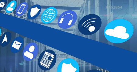 Image of media icons over server room. social media and communication interface concept digitally...