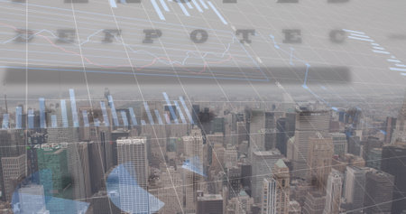 Image of financial graphs and data over cityscape. Global finance, economy and business concept...