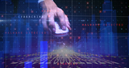 Image of words cybercrime and digital security warnings, data and digital interface over male hand...