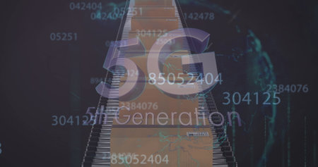 Image of numbers changing and 5g 5th generation text over cardboard boxes on conveyor belt. Global shipping and delivery concept digitally generated image.の写真素材