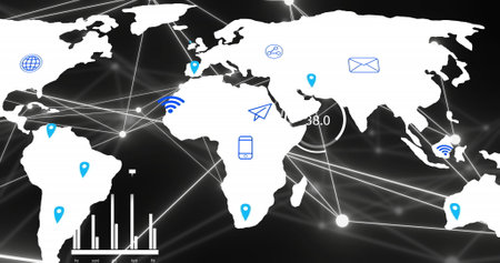 Image of network of connections and digital icons on world map over black background. Global...