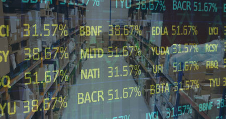 Image of stock market and financial data processing over empty warehouse. global shipping, delivery...