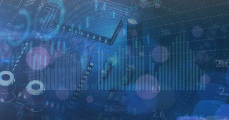 Image of graphs and charts processing data over computer motherboard. Global communication,...