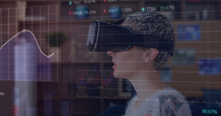 Image of financial data processing over woman wearing vr headset. Global connections, business,...